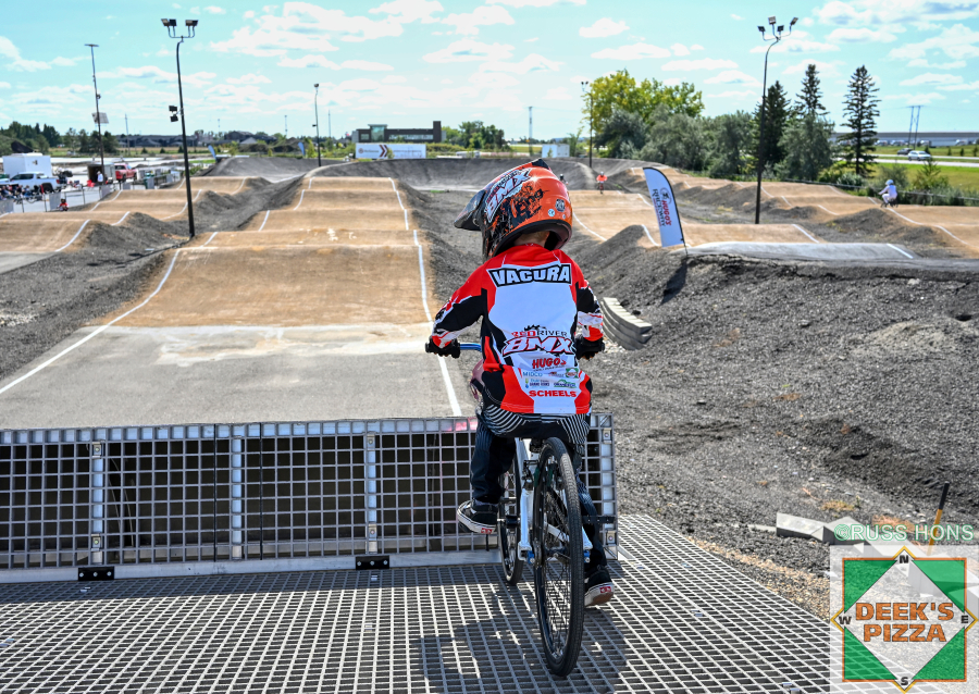 Rider looking down the Hugo's Raceway track from the start hill